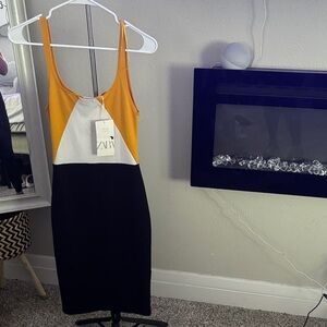 NWT* Zara Women's Colorblock Midi Dress - Mustard, White, and Black